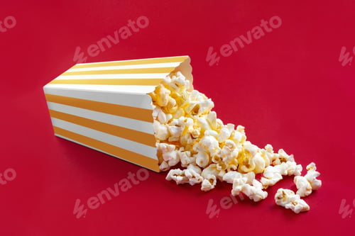 Preview: Tasty Cheese Popcorn Falling Out Of A Yellow Striped Carton Bucket, Isolated On Red Background