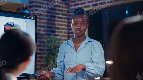 Preview: Businesswoman presenting analytics research in business meeting close up