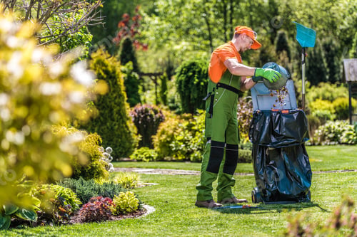 Preview: Caucasian gardener working in the green garden and cleaning it from leaves and grass