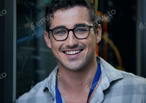 Preview: Cropped portrait of a handsome young male programmer working in a server room