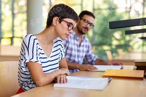 Preview: Happy group of students studying and working together in a college library
