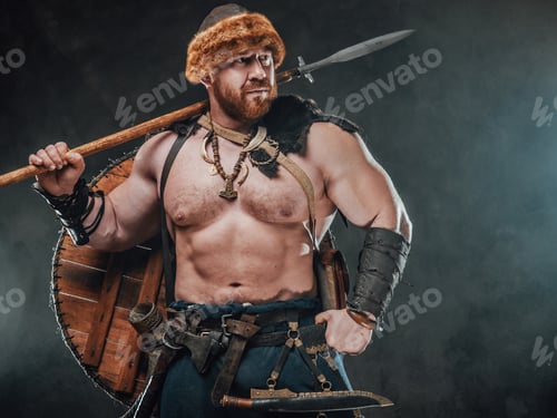 Preview: Scandinavian warrior with spear poses in foggy background