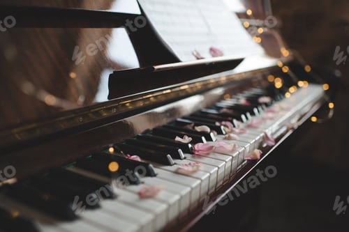 Preview: Piano keys with rose petals in dark closeup