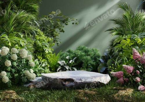 Preview: Product presentation with a rock podium set amidst a lush tropical forest and flower