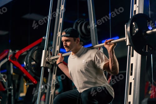 Preview: young handsome guy in a T-shirt and a cap shakes his back with a barbell with athletic plates