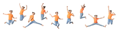 Preview: Cute girl dancing on white background, set of photos