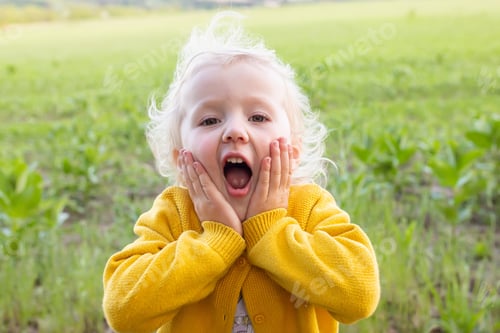 Preview: little girl is shocked. child reacts emotionally and grabbed her cheeks with her hands.