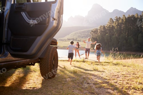 Preview: Excited Family Reaching Countryside Destination On Road Trip
