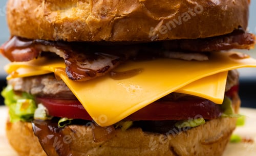 Preview: Delicious Cheese Beef Burger consists of Bun Bread, Patty, Pickle, Onion, Mayonaisse, Ketchup and Ch