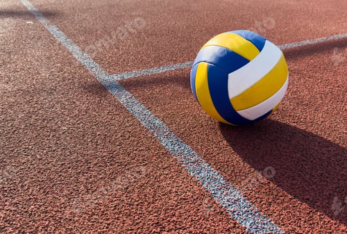 Preview: volleyball. blue with yellow color ball on the playground. volleyball cover, red. ball game
