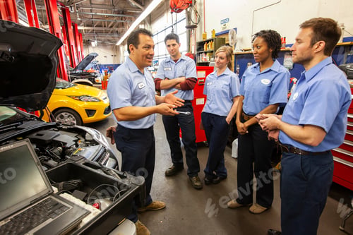 Preview: Men and women of diverse ethnic backgrounds, a team of mechanics in an auto repair shop