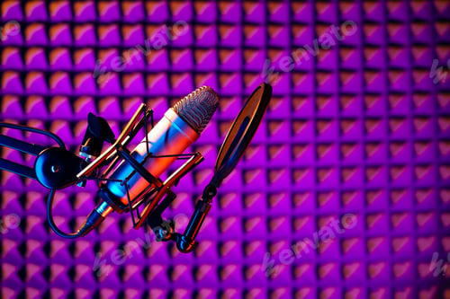Preview: Professional studio microphone against acoustic foam panel background in neon light