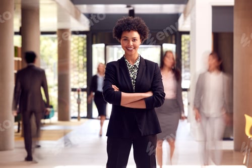 Preview: Portrait Of Businesswoman Standing In Lobby Of Busy Modern Office Building