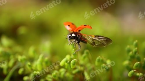 Preview: Close-up wildlife of a ladybug in the green grass in the forest