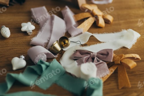 Preview: Wrapping christmas gifts. Stylish festive wrapping paper, ribbons, scissors, bows