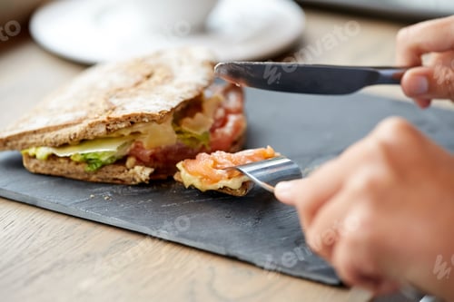 Preview: person eating salmon panini sandwich at restaurant