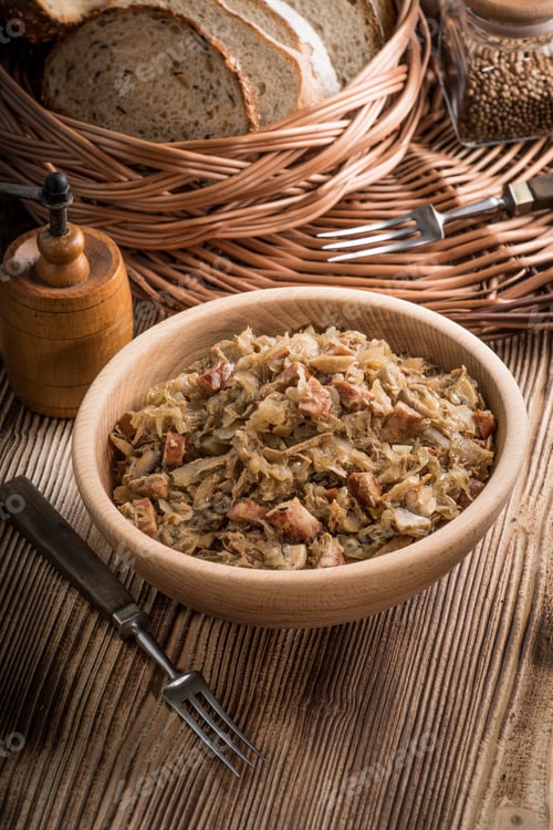 Preview: Bigos - stewed cabbage with meat,dried mushrooms and smoked sausage.