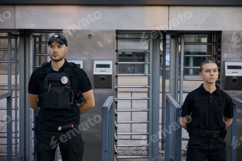 Preview: Diverse police officers patrolling and guarding entrance to public subway