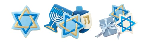 Preview: Set, Colorful sugar cookies shaped like stars and a menorah, on white