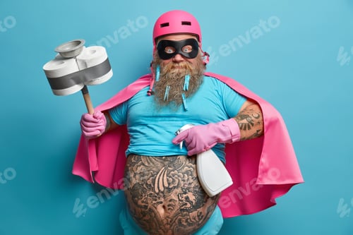 Preview: Confident bearded man housekeeper busy doing domestic work at home holds bottle of detergent and plu