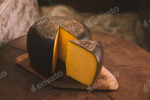Preview: delicious sliced cheese on rustic wooden cutting board