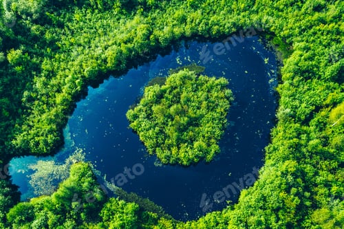 Preview: Aerial view of blue lake with island and green forest. Nature background. Beautiful wild landscape.