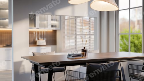 Preview: Coffee cup and book on wooden table with metal armchairs in a minimalist dining room next to kitchen
