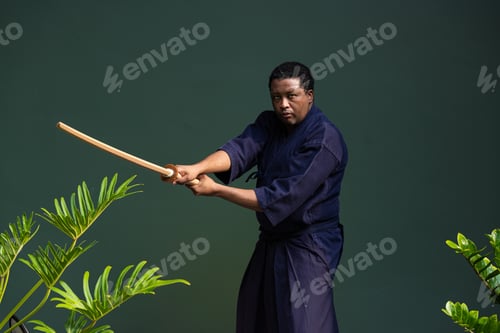 Preview: Handsome black martial artist man with martial arts costume of kendo
