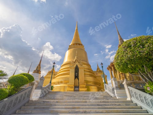 Preview: Golden pagoda at Temple of the Emerald Buddha in Bangkok, Thailand. Wat Phra Kaew and Grand palace