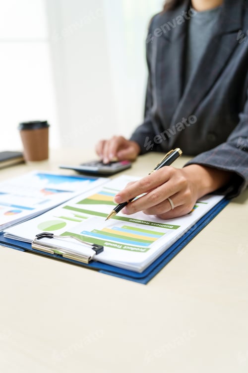 Preview: Businesswoman in a grey suit works from home, specializing in policy and planning analysis