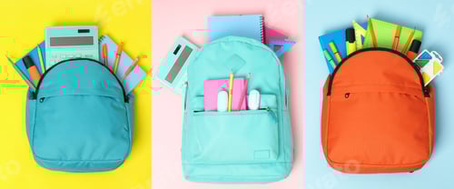 Preview: Backpacks and stationery on different colors backgrounds, collection. Back to school
