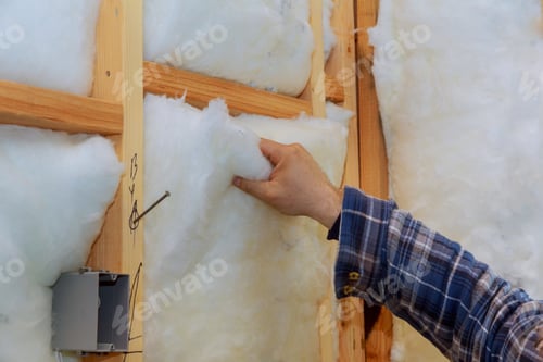 Preview: Worker in insulating rock wool insulation in wooden frame for future house walls for comfortable
