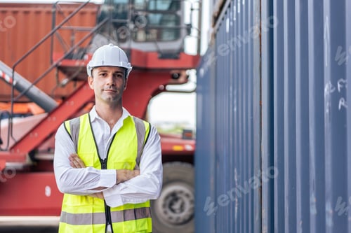 Preview: Portrait of Caucasian man worker working in container port terminal.