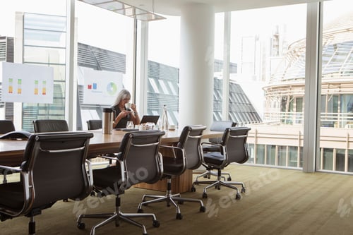 Preview: Business professional taking a break in a modern conference room with cityscape background.