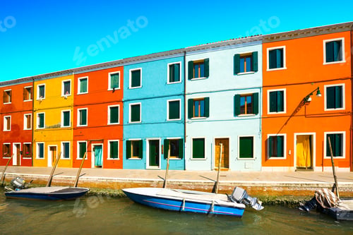 Preview: Venice landmark, Burano island canal, colorful houses and boats, Italy