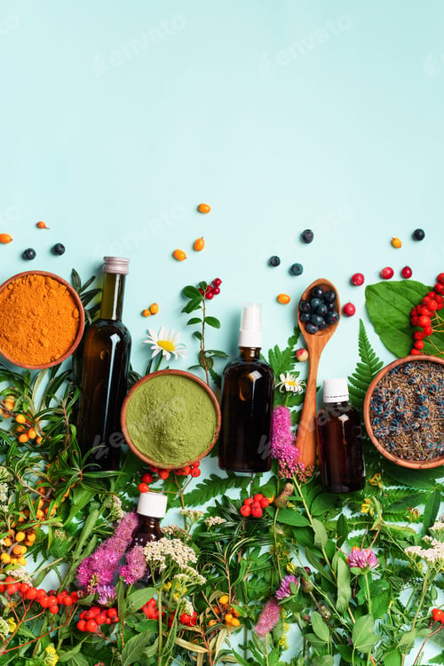 Preview: Healthy super food, berries, turmeric, spirulina, omega acid capsules, vitamin c supplement