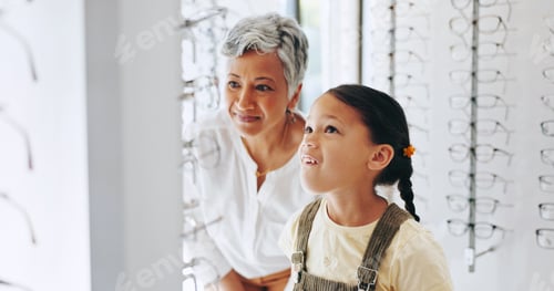 Preview: Child, optometrist and choosing frame at store, prescription glasses and helping client. Woman, opt