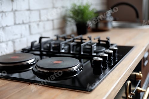 Preview: New modern stove with gas and electric burners in kitchen