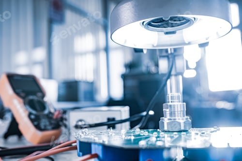 Preview: Modern microscope, connectors component and large green microcircuit in workshop laboratory