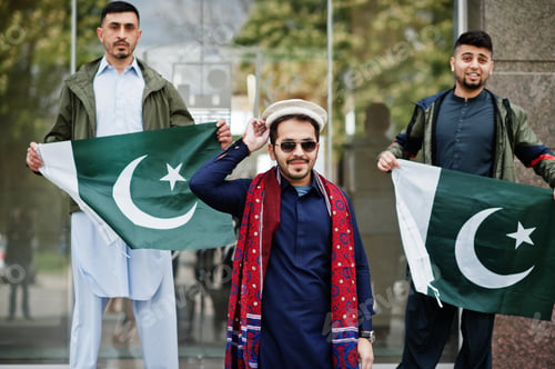 Preview: Group of pakistani man wearing traditional clothes salwar kameez or kurta with Pakistan flags.
