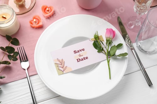 Preview: Romantic place setting with floral decor and candles on white wooden table, above view