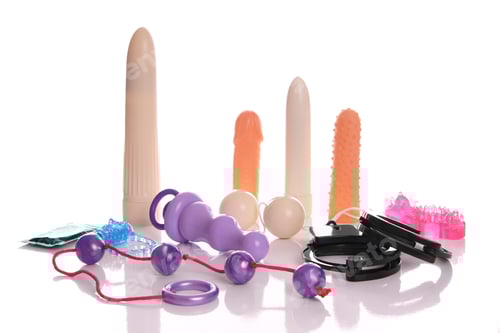 Preview: A collection of sex toys including dildo, vibrator, butt plug, anal beads and handcuffs.