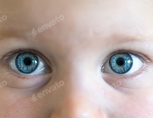 Preview: Close up of big blue eyes of a child.