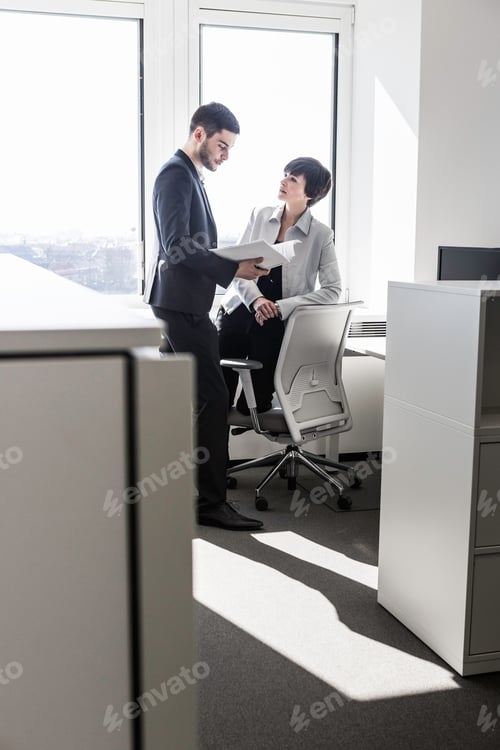 Preview: Businesspeople standing in office looking at paperwork