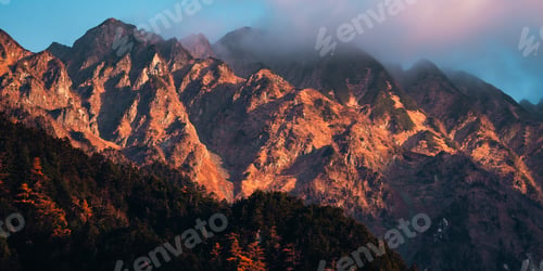 Preview: Nature mountain landscape panorama view with snow, travel in Japan forest peak scenic in winter