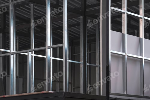 Preview: steel wall structure on upper floors of office building inside of incomplete construction site