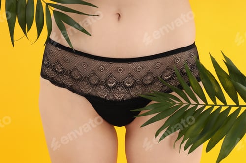 Preview: Slender girl in black underwear, with palm leaves.