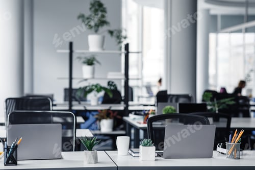 Preview: Office interior with white columns and panoramic windows in modern loft