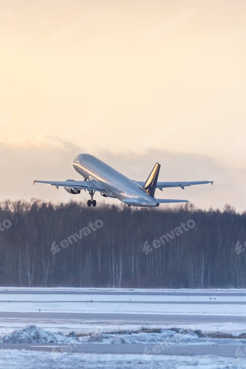 Preview: Airplane taking off during a sunset in winter time. Aviation concept