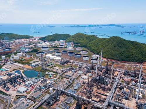 Preview: Petrochemical oil refinery in Bangkok City, Thailand. Oil and gas tanks in industry factory.